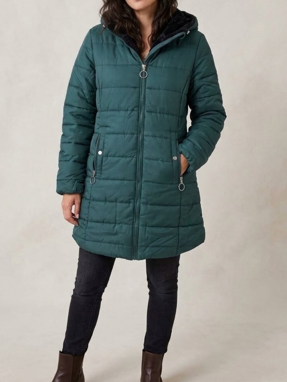 NWT Green Quilted Puffer Parka Coat Plush Fleece Lined Hooded Zip Up Jacket - S